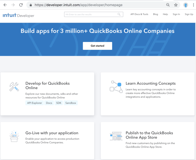 Intuit Developer home page highlights easier to navigate developer documentation