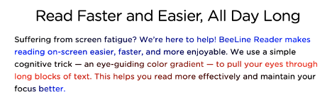 Beeline Reader text changes color within a paragraph to increase readability. A line may start black and end blue. The next line starts blue and becomes black